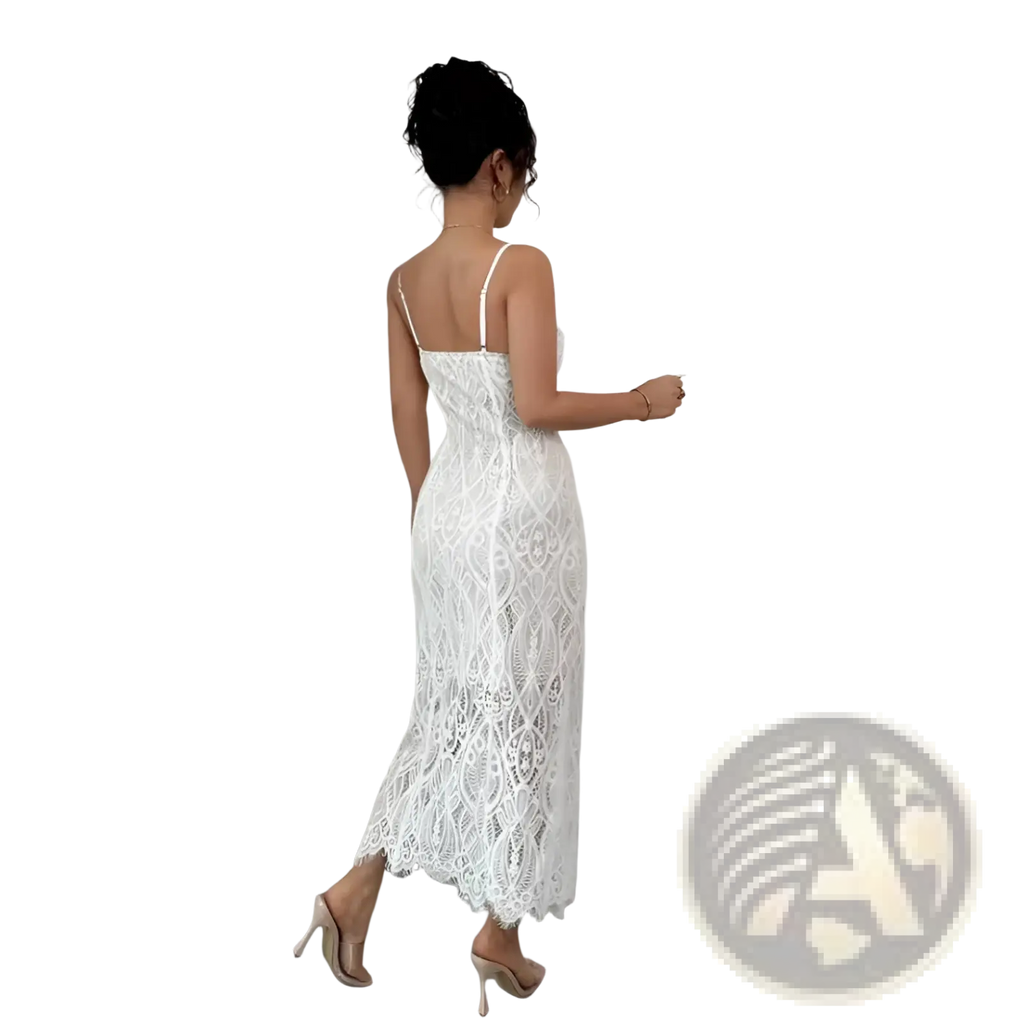 White floral lace v neck maxi dress with delicate intricate patterns thin spaghetti straps and side slit