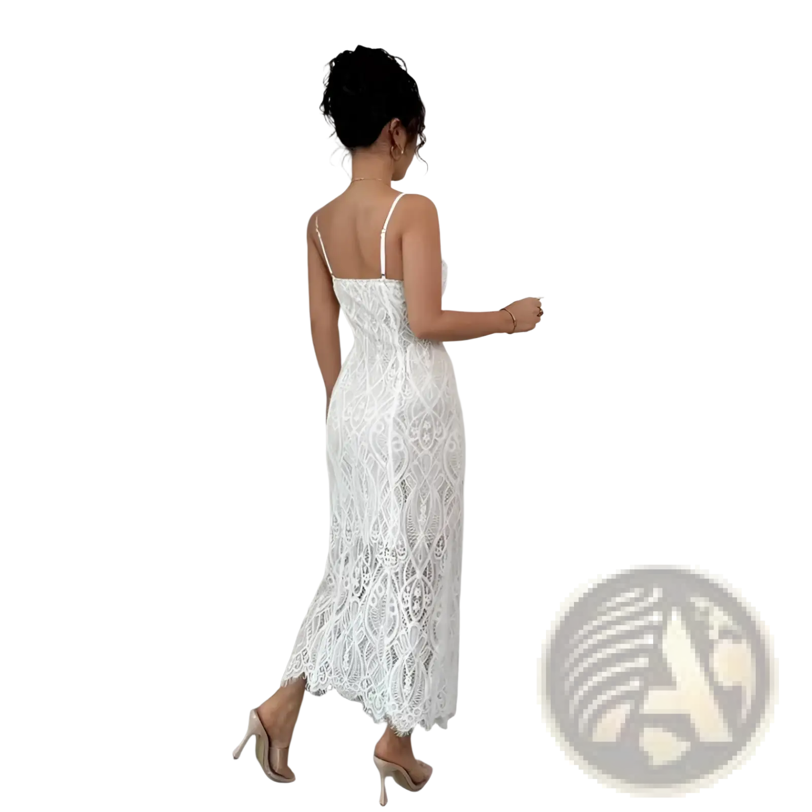 White floral lace v neck maxi dress with delicate intricate patterns thin spaghetti straps and side slit