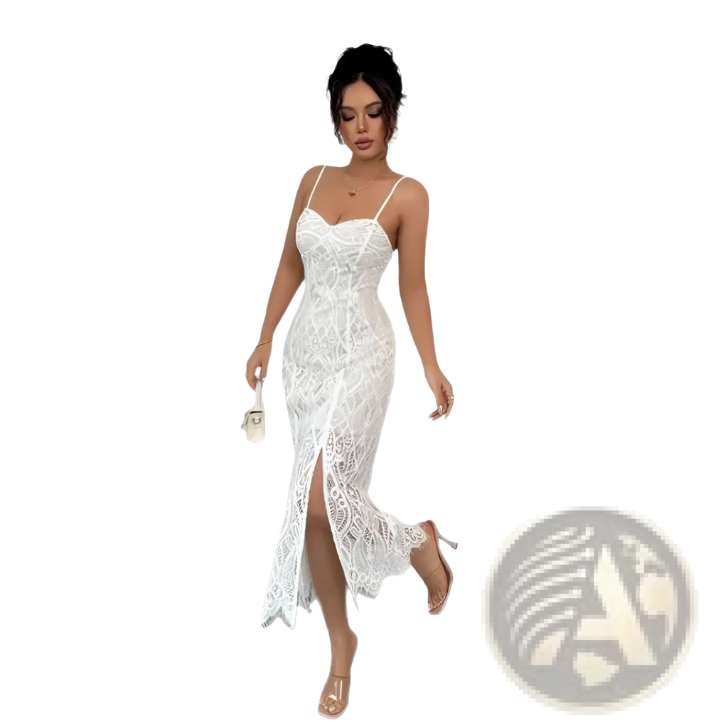 A white floral lace midi dress with thin spaghetti straps and a high side slit for elegant occasions