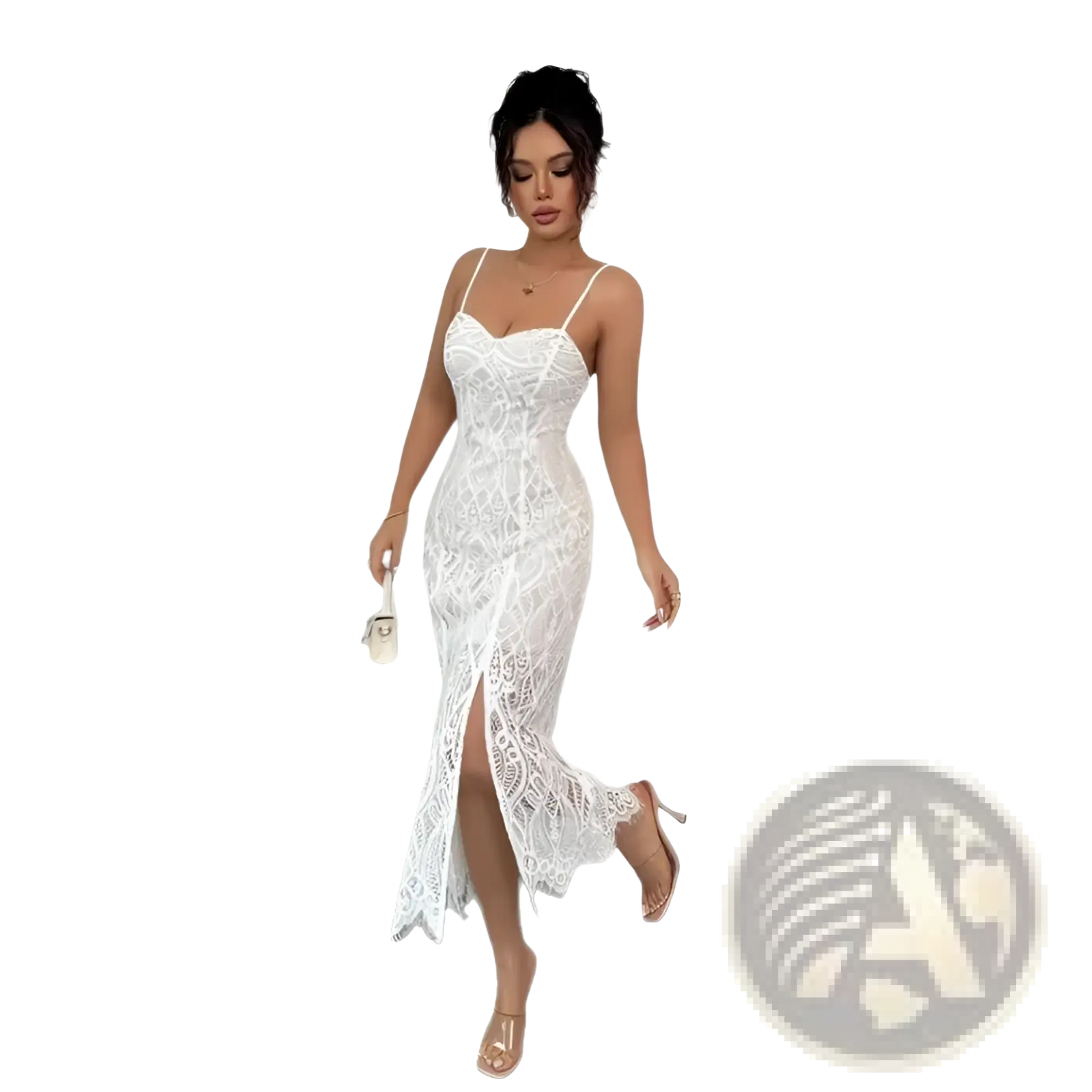 A white floral lace midi dress with thin spaghetti straps and a high side slit for elegant occasions