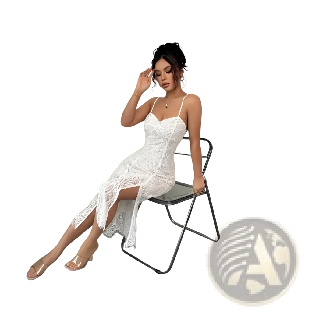 White lace midi dress with thin spaghetti straps and a high side slit featuring floral lace and a v neck design