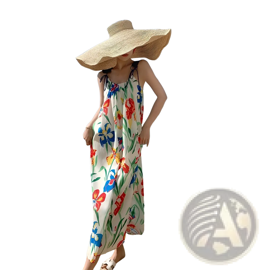 A flowing off-white floral mesh maxi dress with vibrant red blue yellow patterns and a retro slip silhouette