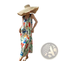 A flowing off-white floral mesh maxi dress with vibrant red blue yellow patterns and a retro slip silhouette
