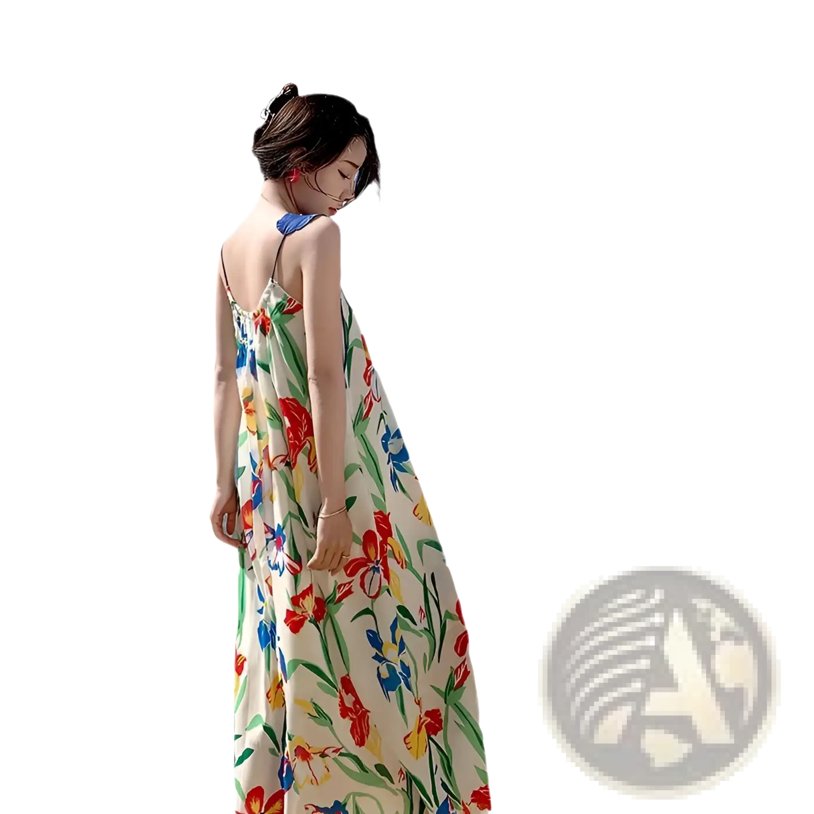 A flowing off-white floral mesh maxi dress with a vibrant retro slip silhouette in reds blues yellows and greens