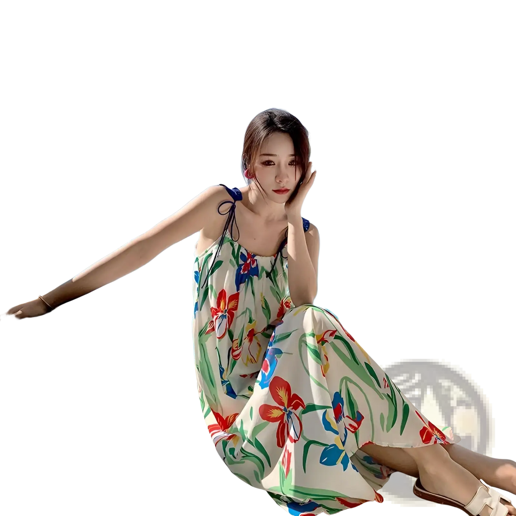 A flowing off-white floral mesh maxi dress with vibrant red blue and green patterns and a retro slip silhouette