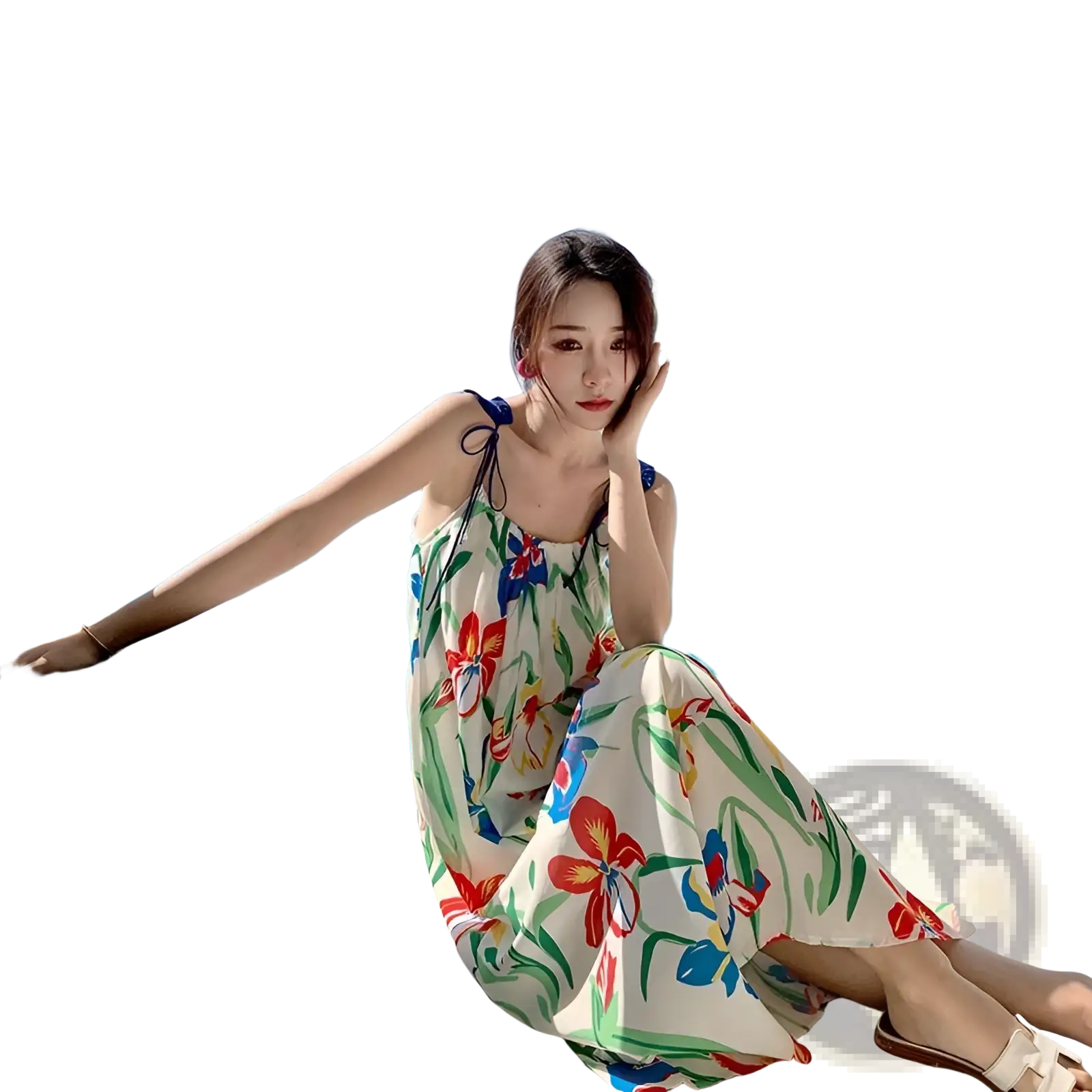 A flowing off-white floral mesh maxi dress with vibrant red blue and green patterns and a retro slip silhouette