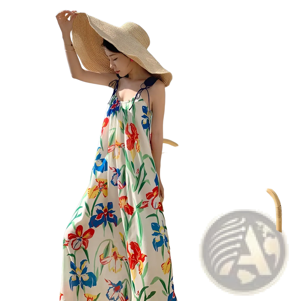 A flowing off-white floral mesh maxi dress with vibrant red blue yellow and green pattern and retro slip silhouette