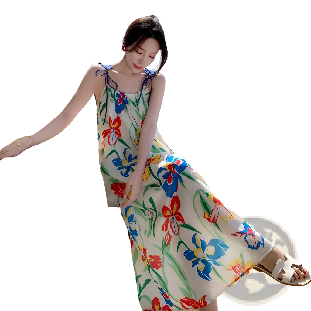 A woman wears a floral mesh maxi dress with retro slip silhouette featuring vibrant red blue and yellow patterns on cream
