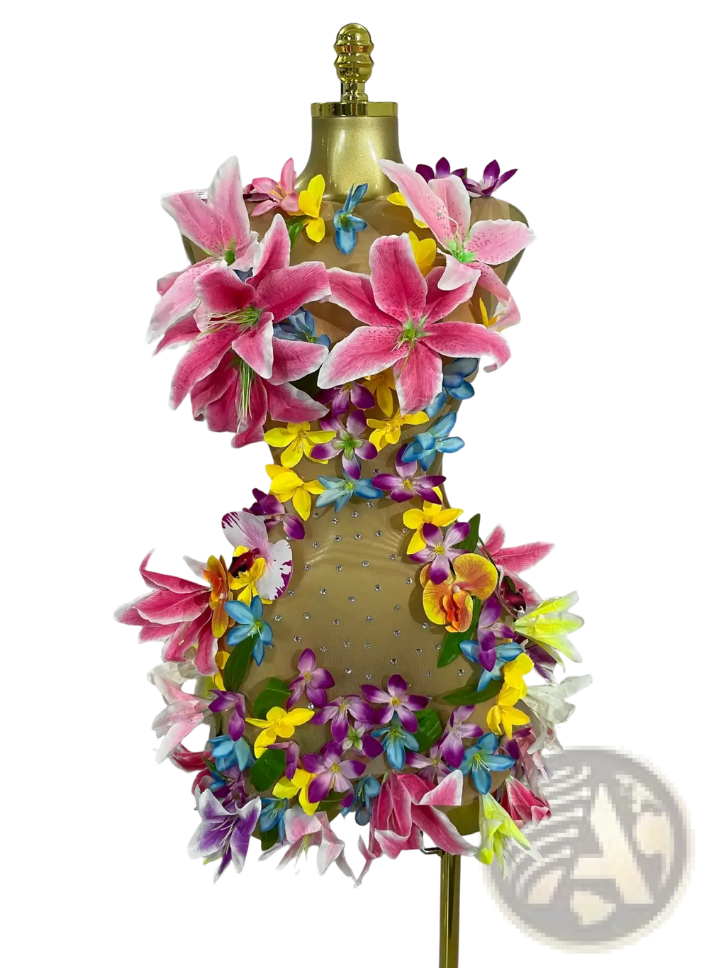 Floral mesh mini dress with vibrant pink yellow purple and blue artificial lilies on beige mesh base for party wear