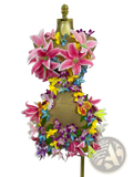 Floral mesh mini dress with vibrant pink yellow purple and blue artificial lilies on beige mesh base for party wear