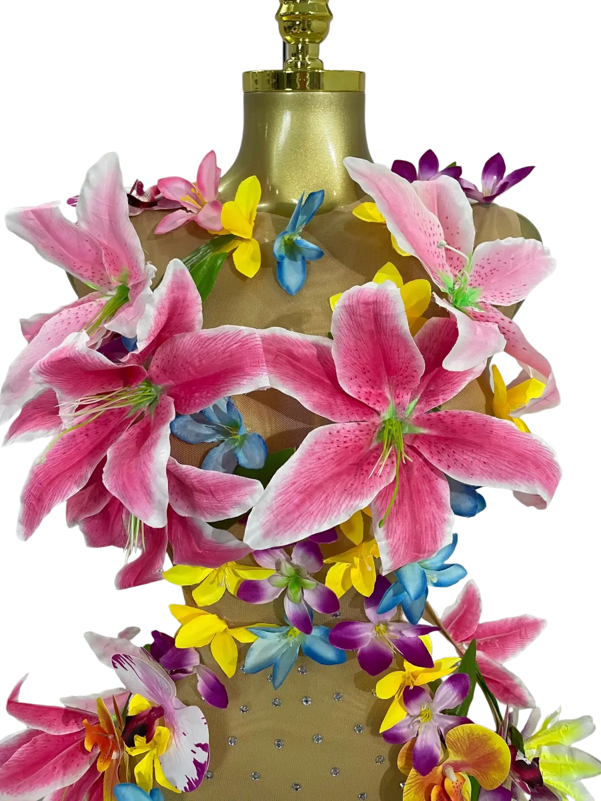 Floral mesh mini dress with oversized pink lilies and rhinestones in sheer fabric for sexy party wear