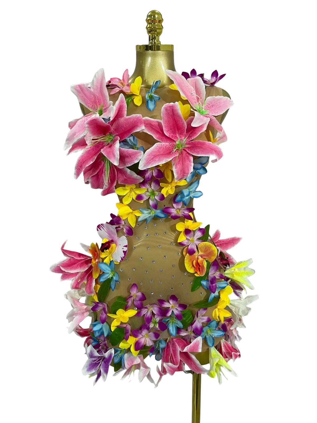Floral mesh mini dress with vibrant pink yellow purple and blue artificial lilies on beige mesh base for party wear