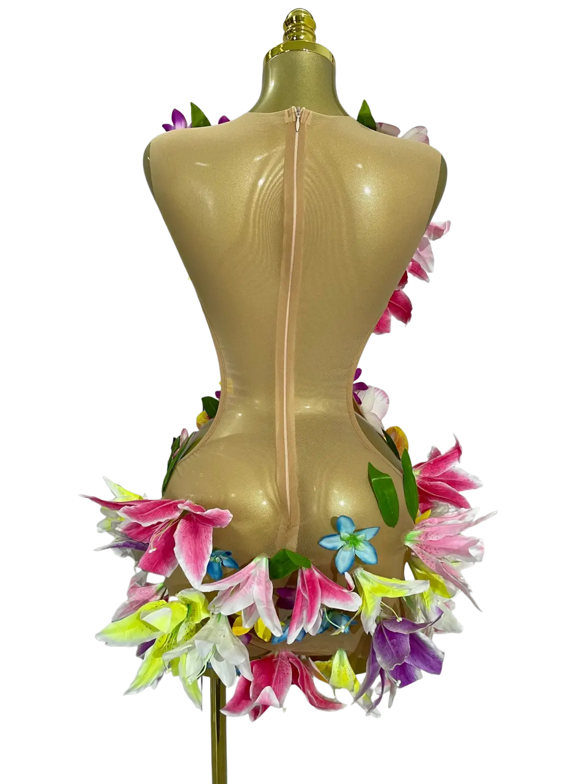 Floral mesh mini dress in vibrant glossy latex adorned with colorful pink purple blue and white artificial flowers for party wear