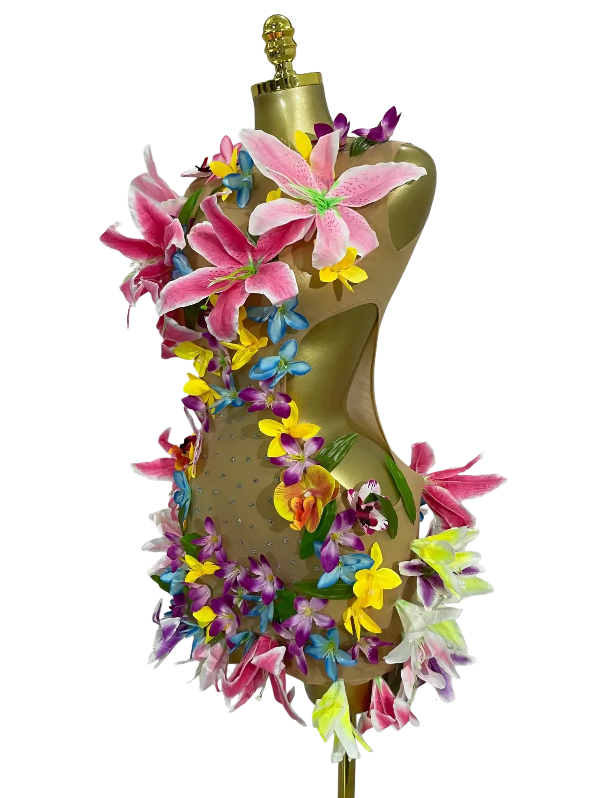 Floral mesh mini dress featuring a vibrant multi-colored bodysuit with pink lilies and assorted blossoms for party wear