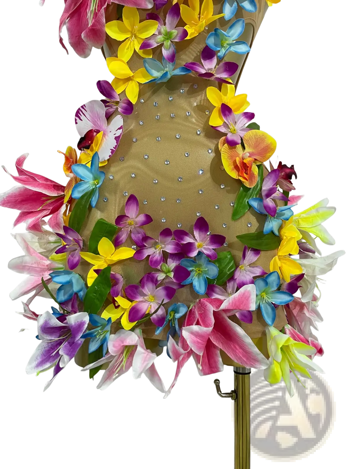 A floral mesh mini dress with vibrant pink yellow purple and blue artificial flowers and a rhinestone sheer bodice