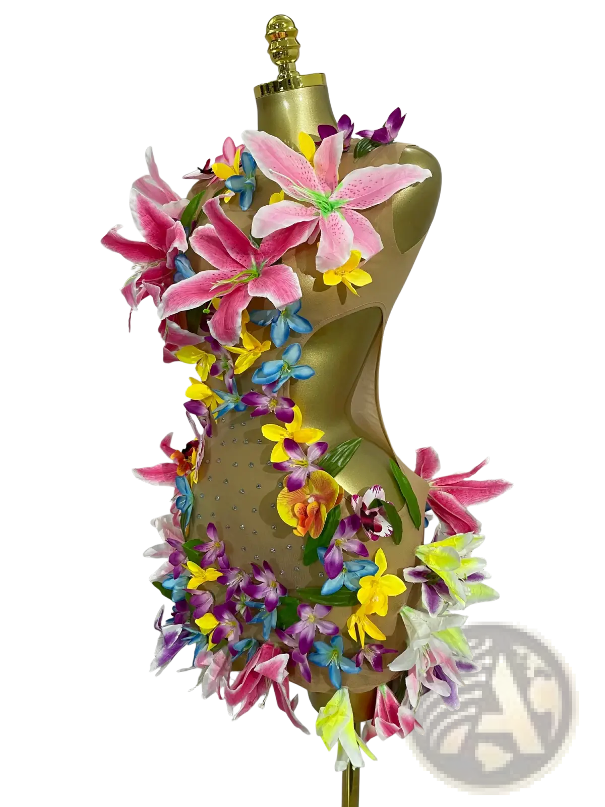 Floral mesh mini dress featuring a vibrant multi-colored bodysuit with pink lilies and assorted blossoms for party wear