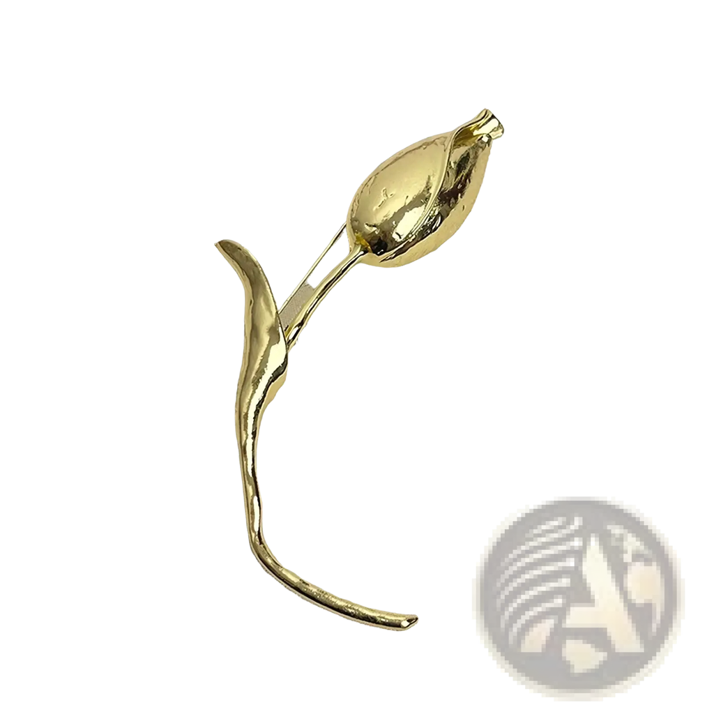Golden metallic tulip-shaped floral metal brooch pin with polished finish and slender stem elegant lapel accessory