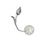 A sleek silver-toned metal floral brooch pin shaped like a stylized lotus bud with an elongated stem for lapels