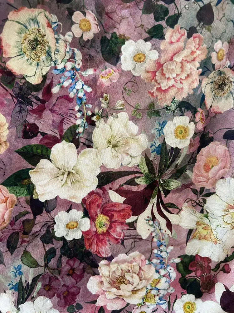 Vintage floral cotton midi dress with pockets in soft pink fabric featuring white blush and deep red blossoms