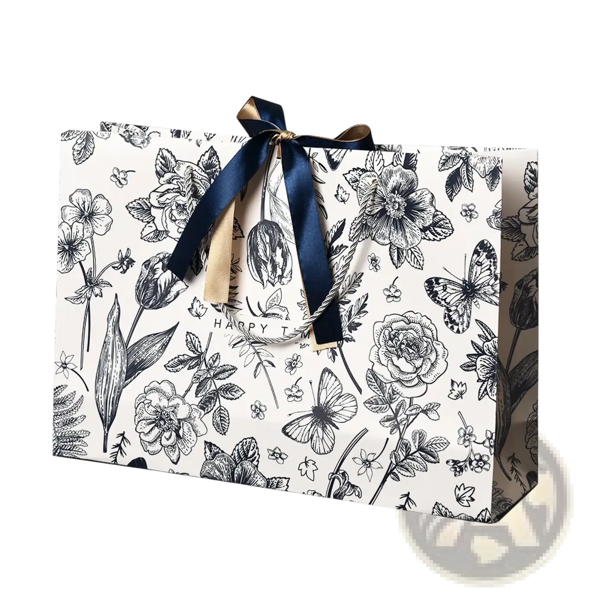 A white paper floral gift bag with black botanical illustrations tied with a navy blue satin ribbon