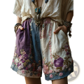 Floral patchwork casual shorts featuring bohemian style embroidered purple and pink floral patterns on textured fabrics