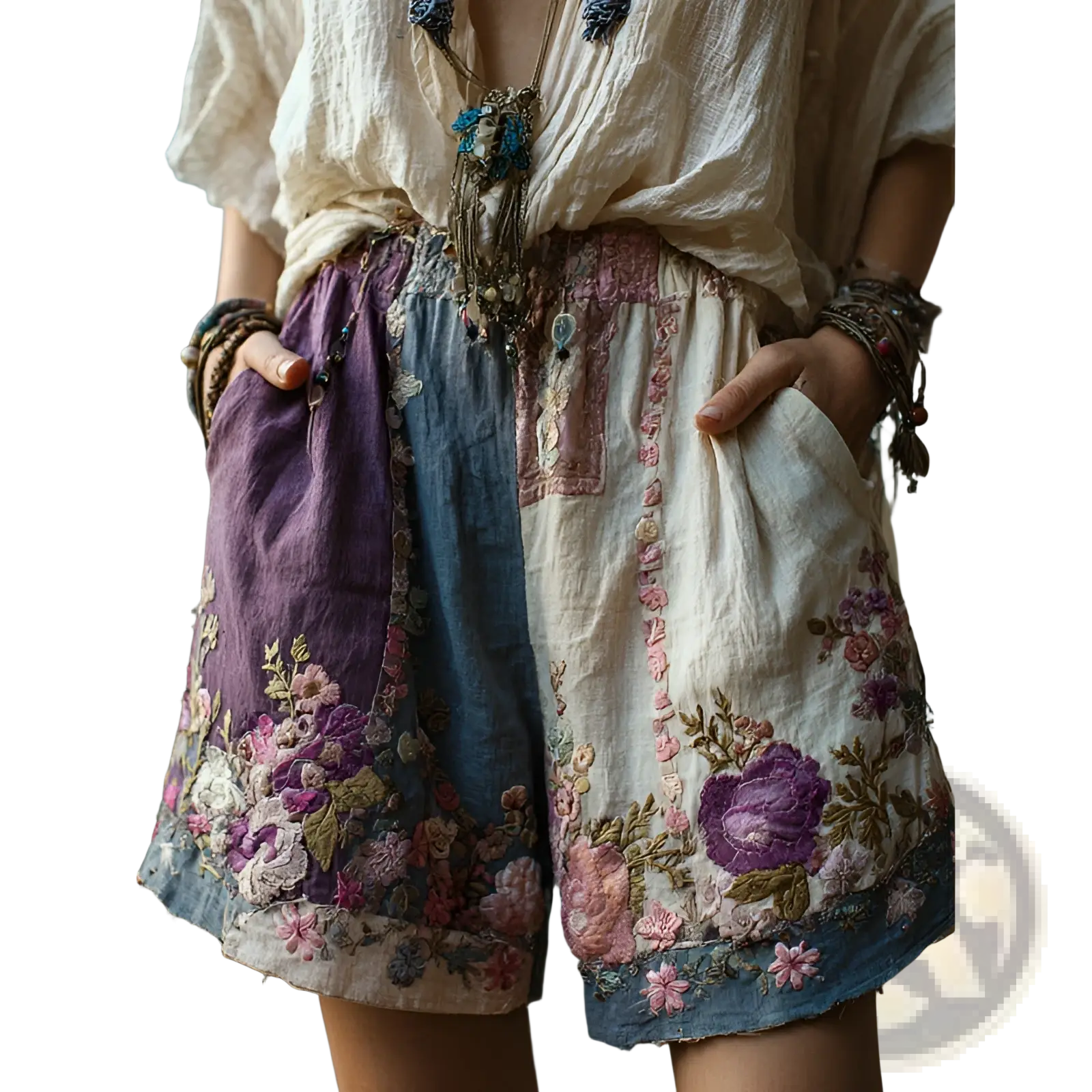 Floral patchwork casual shorts featuring bohemian style embroidered purple and pink floral patterns on textured fabrics