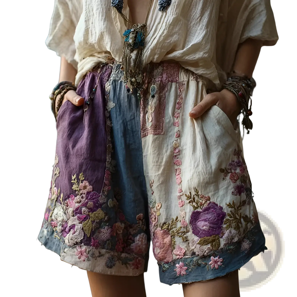 Floral patchwork casual shorts with embroidered purple and pink floral patterns on linen-like bohemian fabric