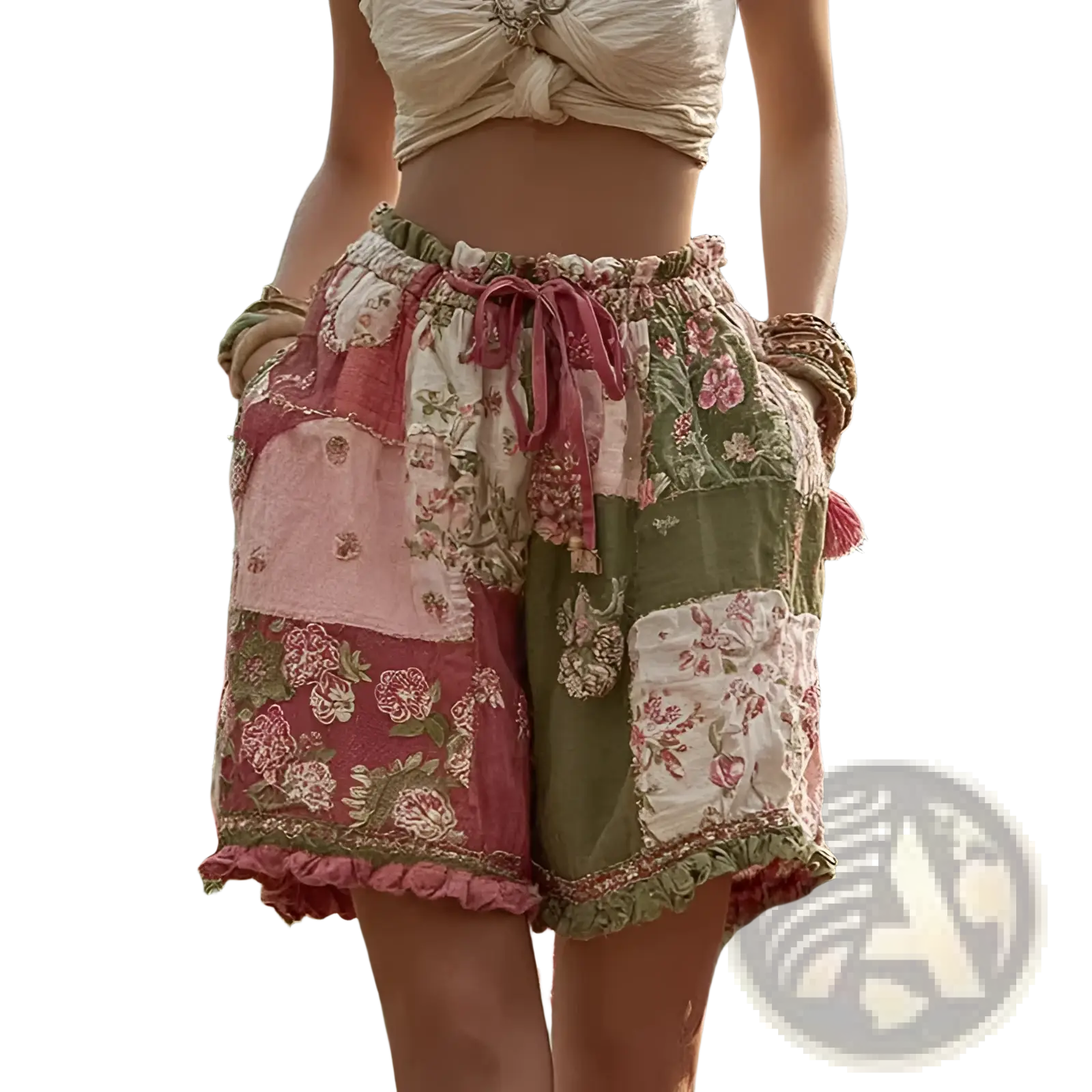 Floral patchwork casual shorts in soft pink olive green and cream tones with ruffled hem and drawstring waist
