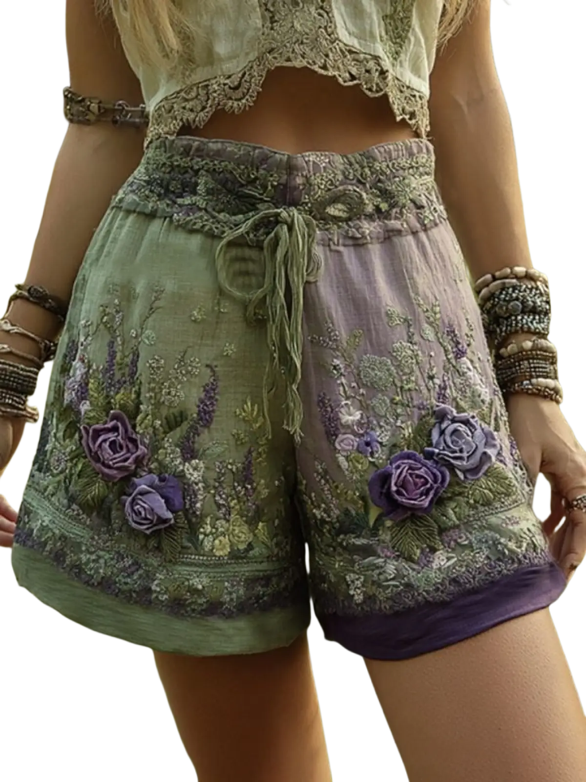 Floral patchwork pastel casual shorts featuring green and purple embroidered flowers with lace trim for a stylish look