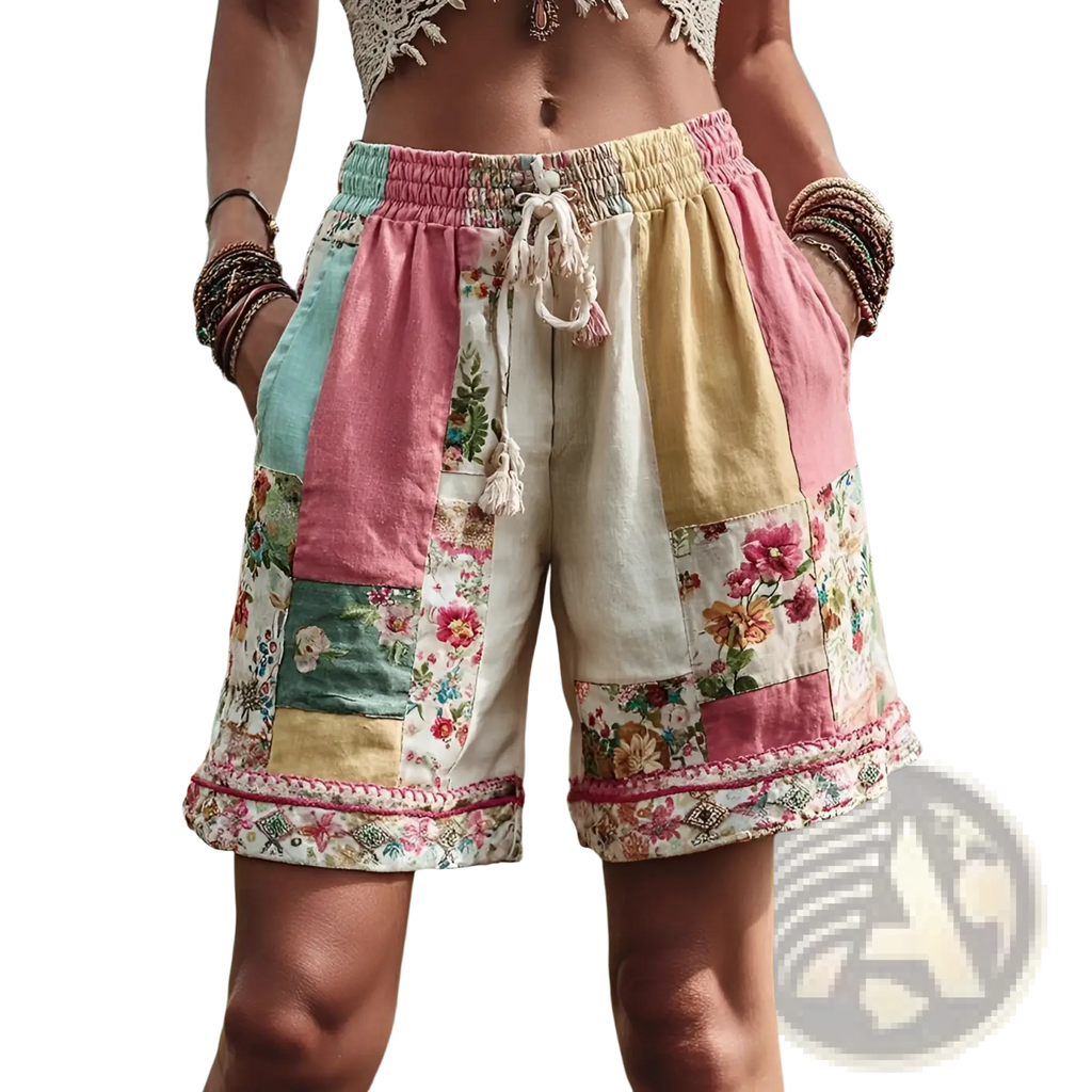 Floral patchwork pastel casual shorts in pink mint green and cream with floral panels and a drawstring waistband