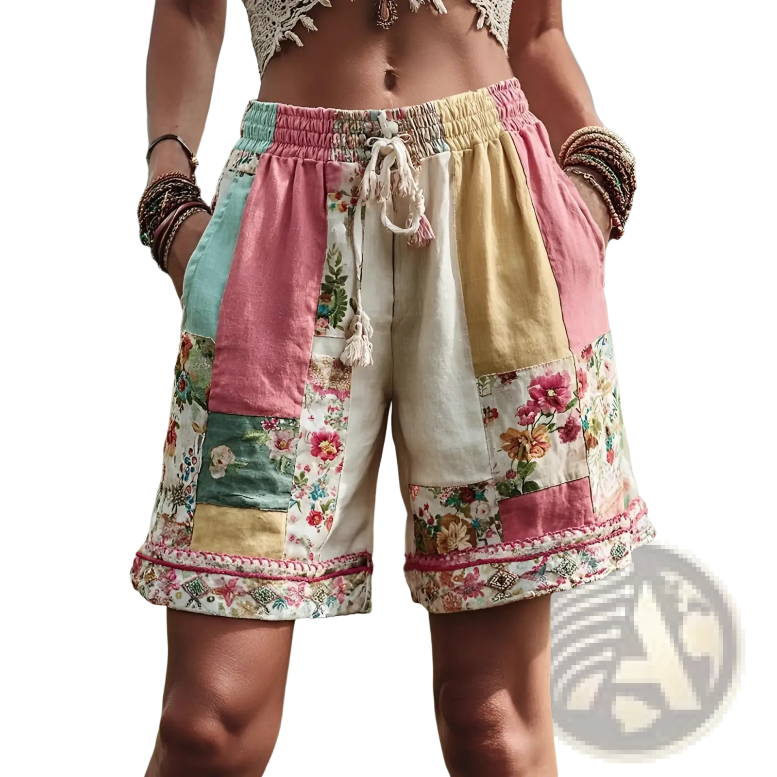 Floral patchwork pastel casual shorts in pink mint green and cream with floral panels and a drawstring waistband