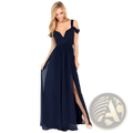 Floral pleated maxi dress in navy blue chiffon with a sweetheart neckline and off-the-shoulder straps