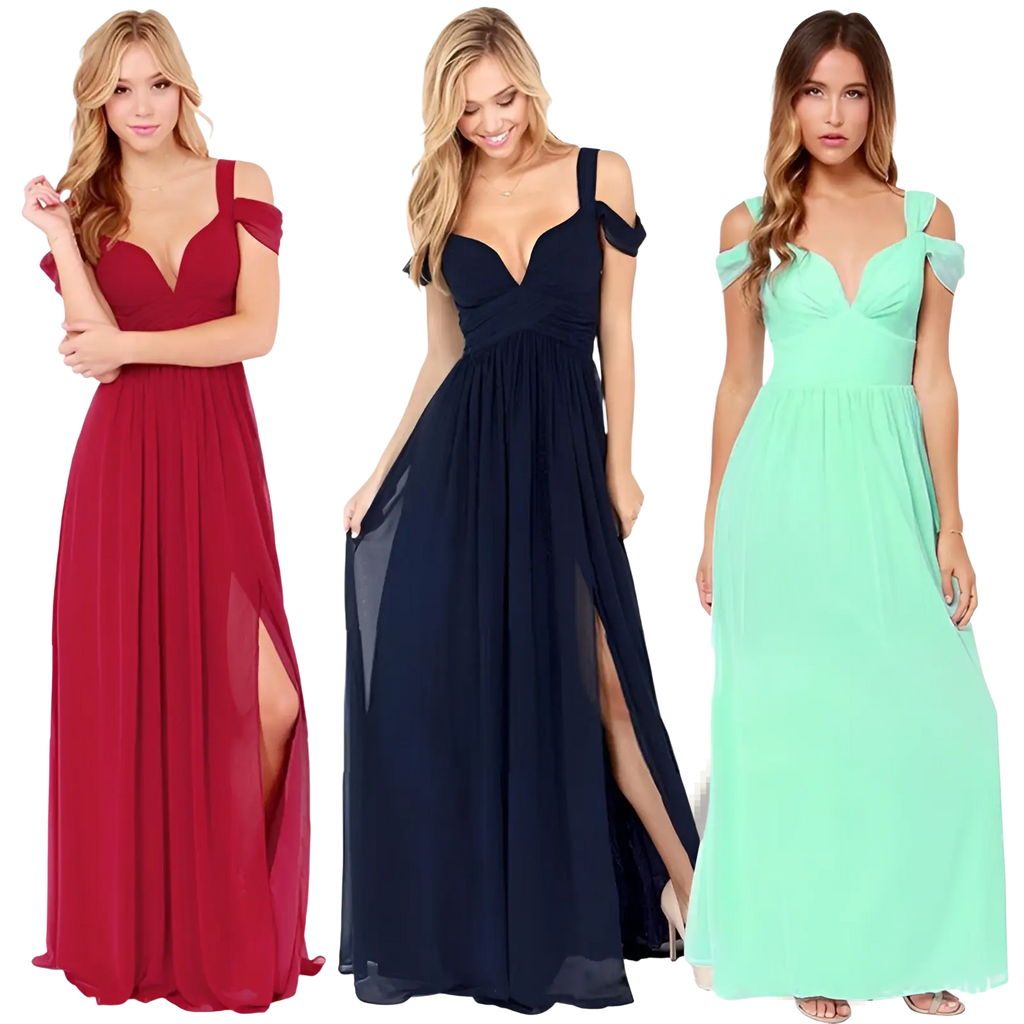 Three elegant off-the-shoulder floral pleated maxi dresses in red navy blue and mint green for formal occasions