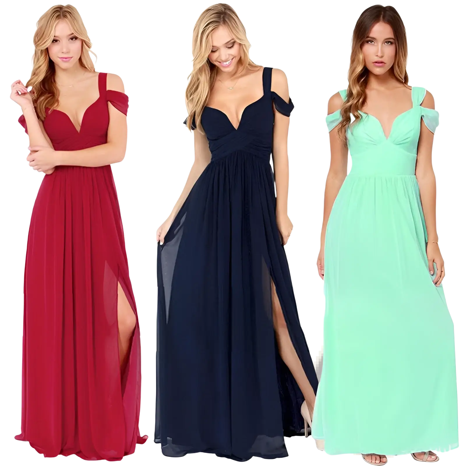 Three elegant off-the-shoulder floral pleated maxi dresses in red navy blue and mint green for formal occasions