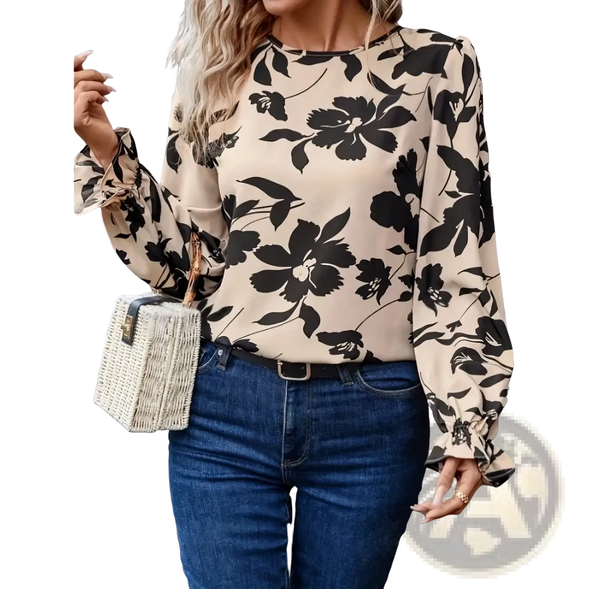 Beige floral print backless blouse with black botanical design and ruffled long sleeves featuring a bow detail