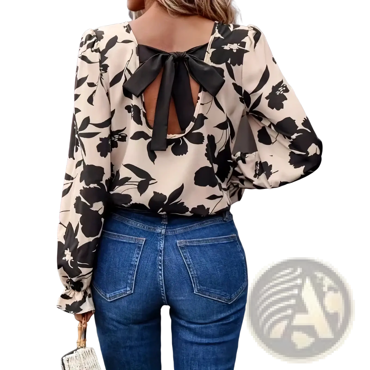 Beige floral print backless blouse with black pattern and elegant bow detail on the back side