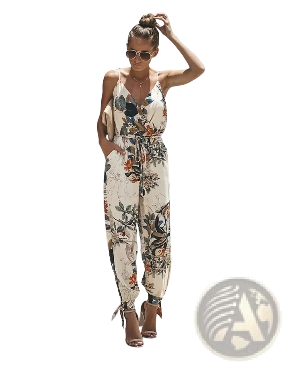 Beige floral print boho summer jumpsuit with v-neckline, thin spaghetti straps, and side pockets