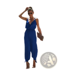 A vibrant royal blue sleeveless jumpsuit with v-neckline tied waistband and cuffed ankles floral print boho summer jumpsuit