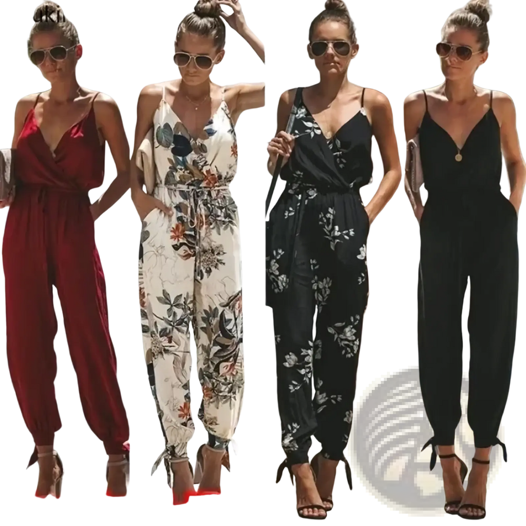 Plus-size floral print boho summer jumpsuits in solid red white floral black floral and plain black with thin straps and cuffed hems