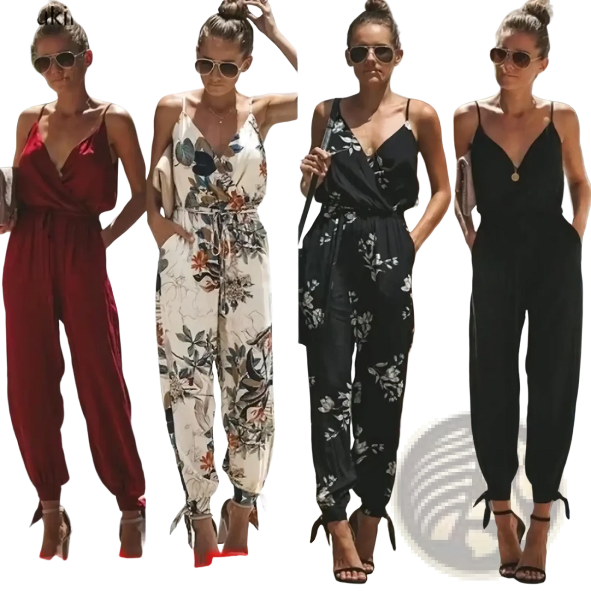 Plus-size floral print boho summer jumpsuits in solid red white floral black floral and plain black with thin straps and cuffed hems