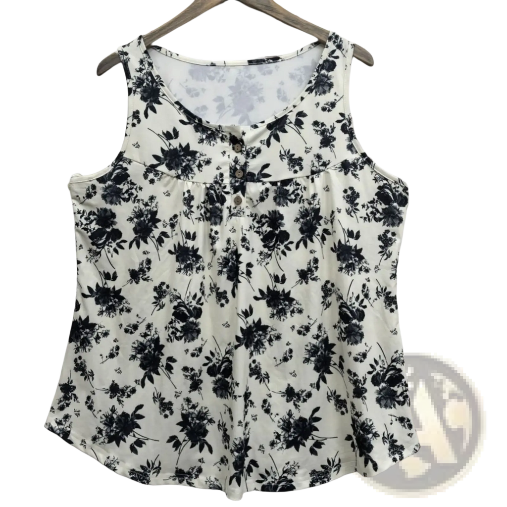 A black and white floral print sleeveless knit tank top with a button-front design for casual wear