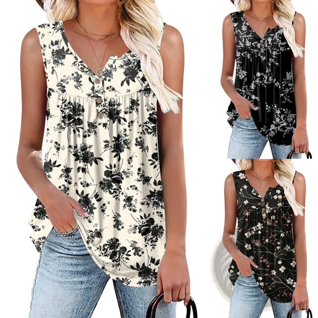 Black and white floral print sleeveless knit tank top with button front detail for casual wear