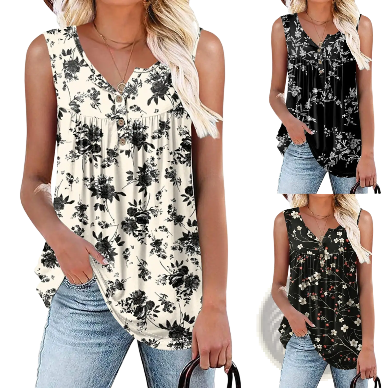 Black and white floral print sleeveless knit tank top with button front detail for casual wear