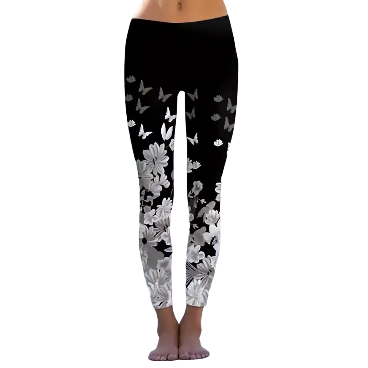 Black fleece leggings with delicate white floral and butterfly print suitable for casual wear