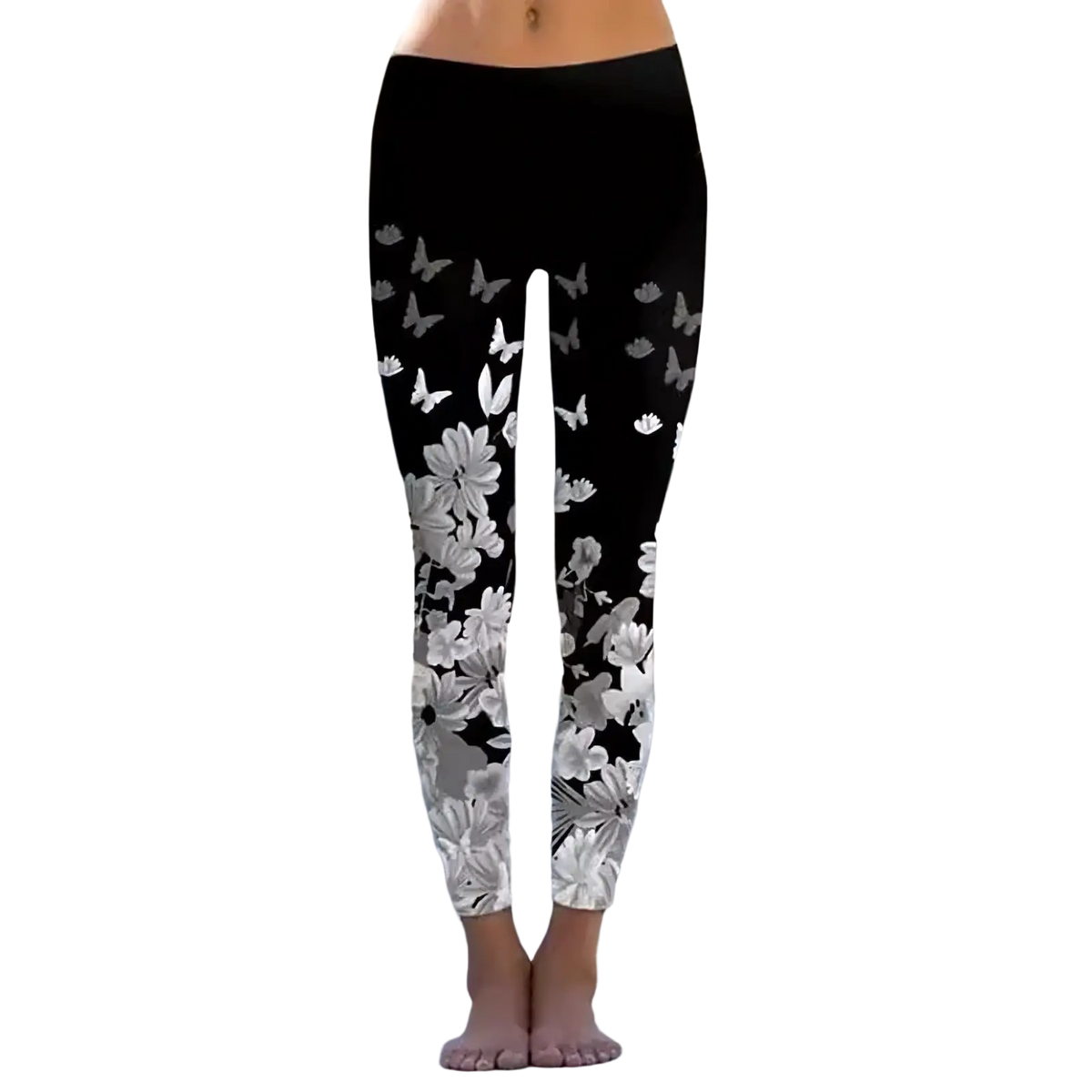 Black floral print fleece leggings with white and gray butterfly pattern ideal for casual and active wear