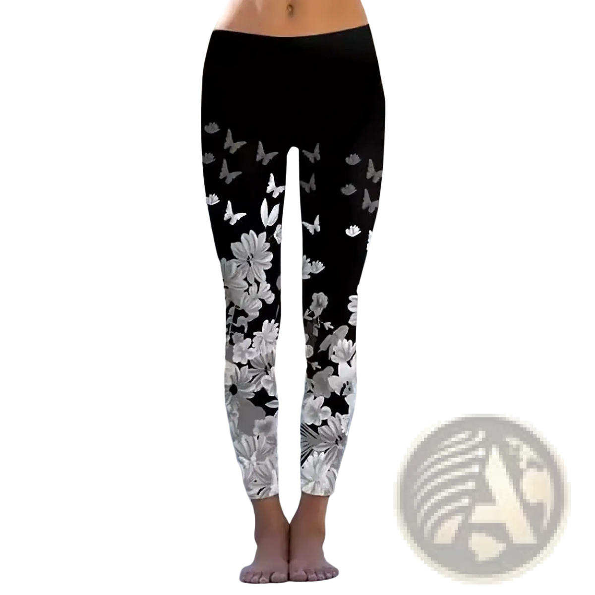 Black floral print fleece leggings with white and gray butterfly pattern ideal for casual and active wear