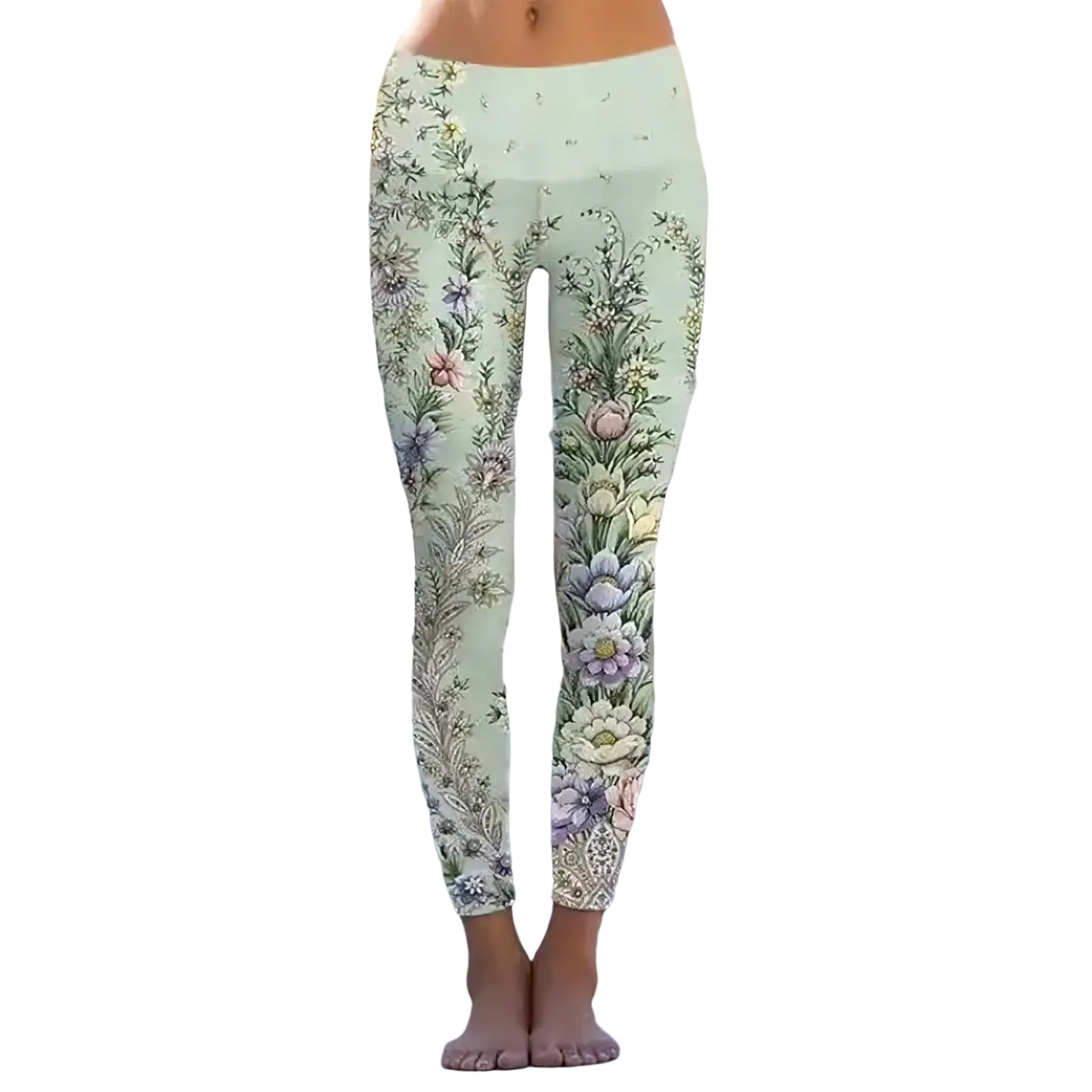 Light green floral print fleece leggings with an intricate pattern of pastel blossoms and delicate foliage