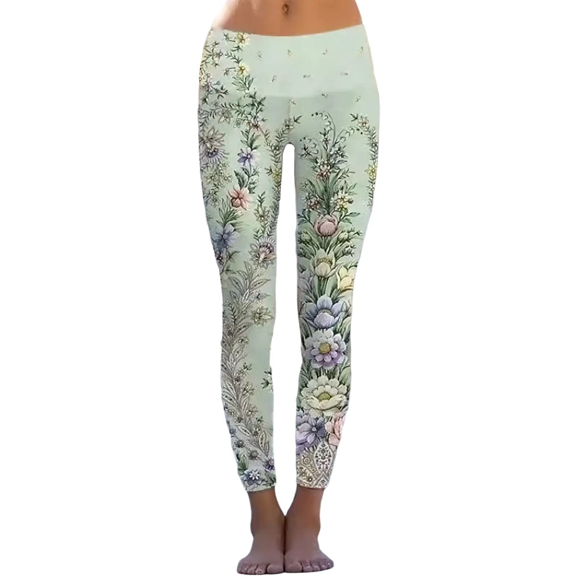 Floral print fleece leggings in mint green with intricate pastel floral pattern and delicate foliage design