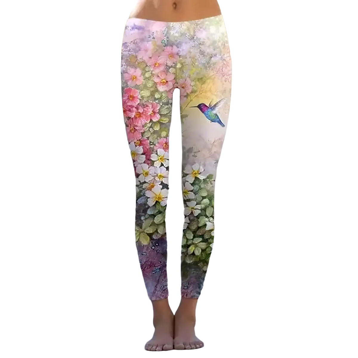 Floral print fleece leggings in pastel colors with hummingbird design made of soft stretchy fabric for comfort