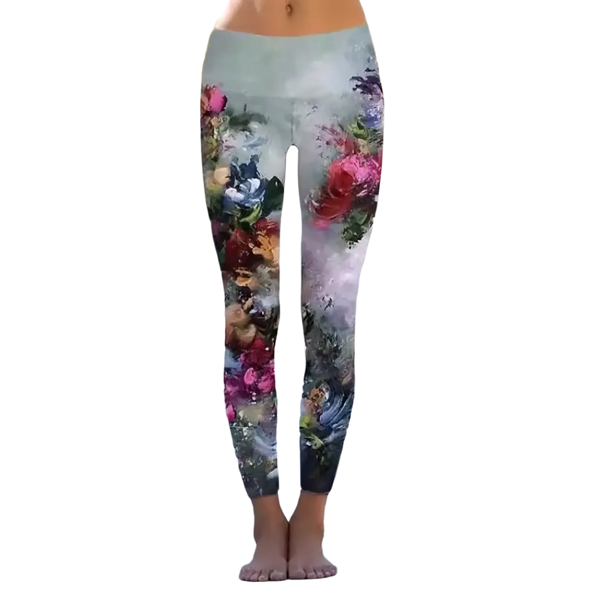 Floral print fleece leggings with soft pastel tones and vibrant pink red and blue blossoms on a light gray base